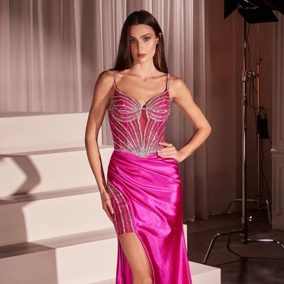 NEW FORMAL SLEEVELESS SHEATH SATIN GOWN W/ SHEER BEADED BODICE & LEG SLIT CC8868